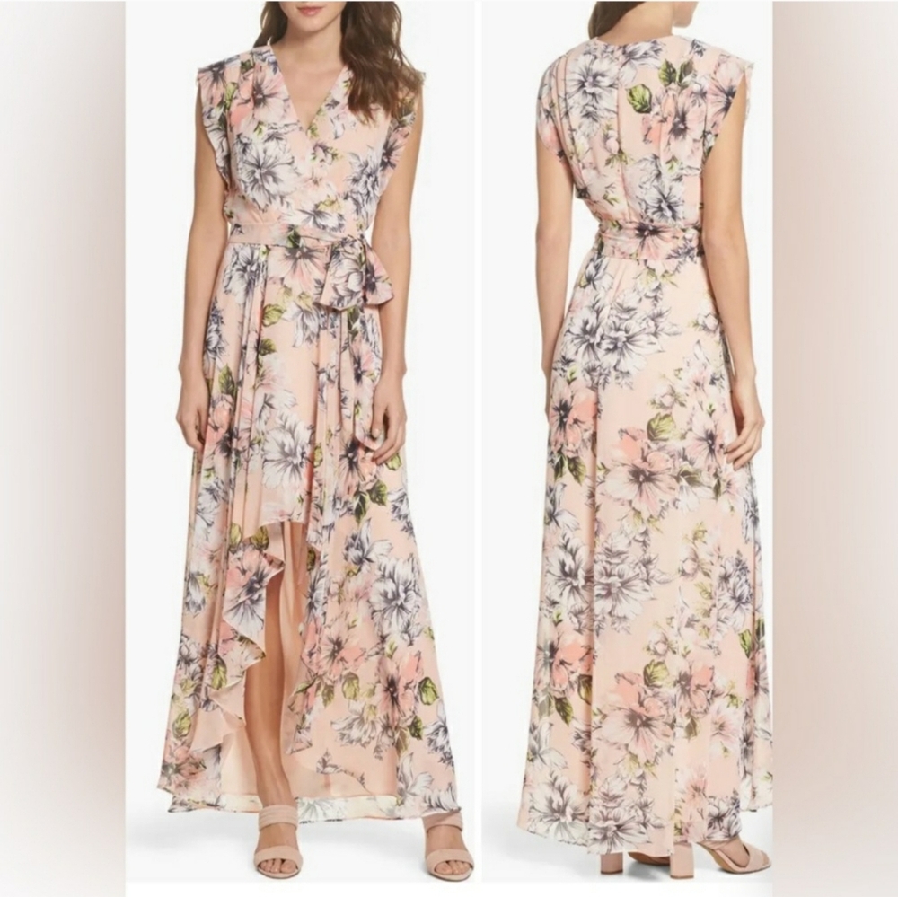 NWT Eliza J Size 14 Peach Floral High Low Faux Wrap Ruffle Tie Waist Maxi Dress